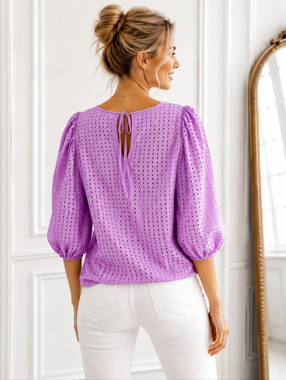 A New Day | Size Large Lavender Eyelet Cotton Puff Sleeve Lined Blouse - Picture 3 of 8